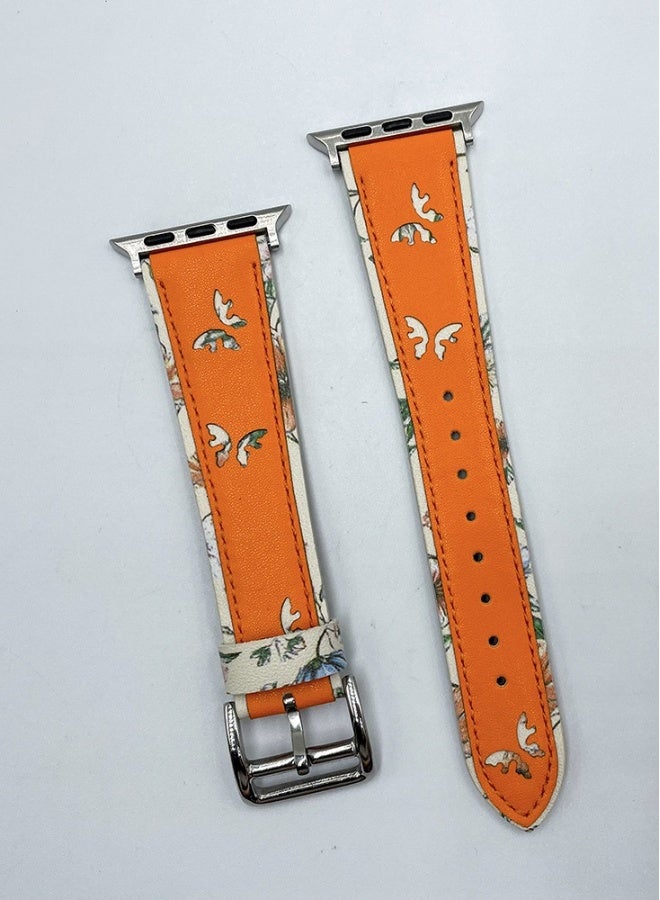 Beauenty For apple iWatch 6/7/8 Watch with Butterfly print Leather strap 38/40/41mm orange
