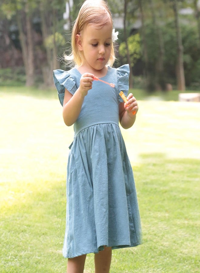ACESTAR ACESATR Baby Girls Cotton Linen Ruffle Sleeve Dress Toddler Backless Sleeveless Crossback Strap Dresses Casual Sundress (Blue, 80/12-24M) - Image 2
