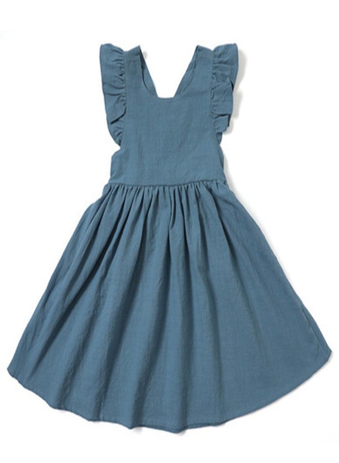 ACESTAR ACESATR Baby Girls Cotton Linen Ruffle Sleeve Dress Toddler Backless Sleeveless Crossback Strap Dresses Casual Sundress (Blue, 80/12-24M) - Image 1