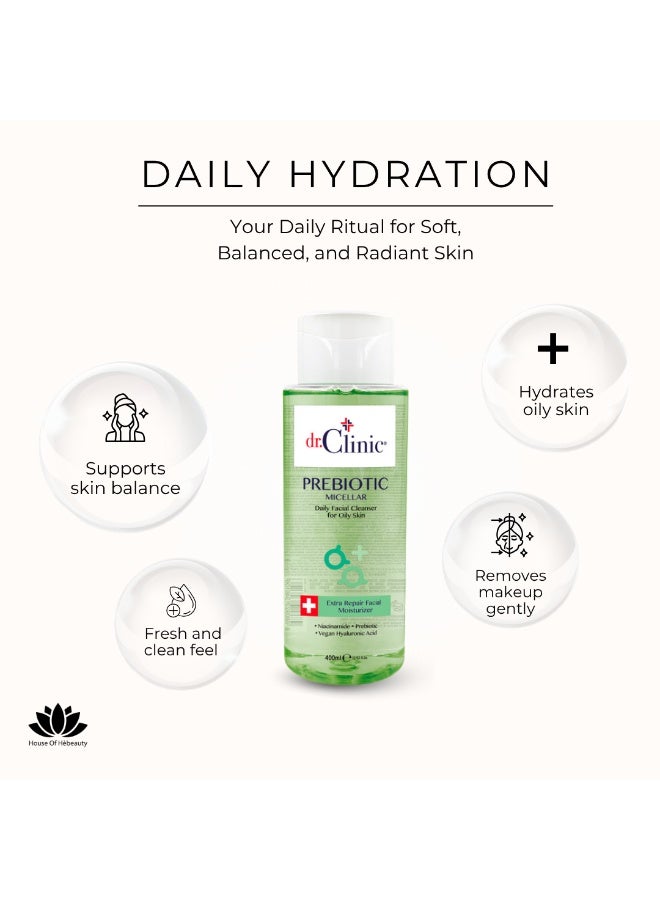 dr.Clinic DR. CLINIC | Prebiotic Micellar Water for Oily Skin | Makeup Remover & Oil-Control Cleanser | Enriched with Niacinamide & Hyaluronic Acid | 400 ml - Image 2