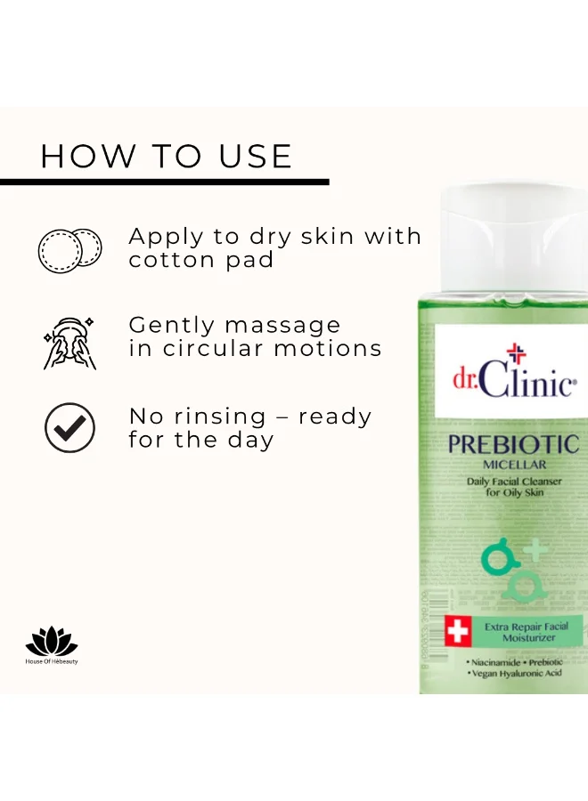 dr.Clinic DR. CLINIC | Prebiotic Micellar Water for Oily Skin | Makeup Remover & Oil-Control Cleanser | Enriched with Niacinamide & Hyaluronic Acid | 400 ml