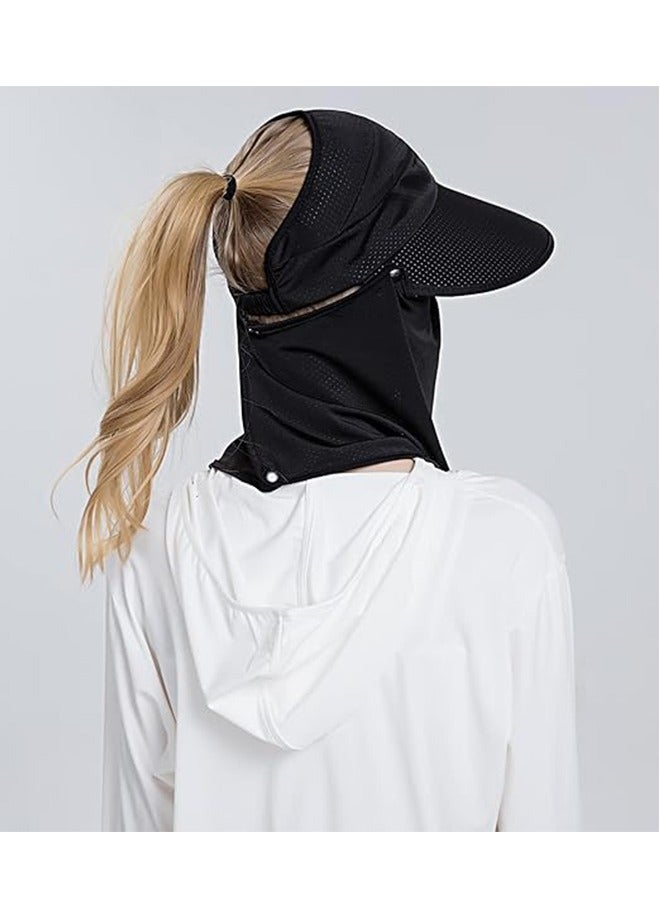 النساء ذو الحواف العريضة قناع الوجه الشمس قبعة رقبة قابلة للفصل وجه Flap حماية من الأشعة فوق البنفسجية ذيل الحصان الواقي قبعة حديقة الصيد التنزه (أسود)