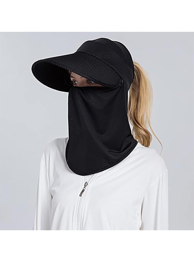 النساء ذو الحواف العريضة قناع الوجه الشمس قبعة رقبة قابلة للفصل وجه Flap حماية من الأشعة فوق البنفسجية ذيل الحصان الواقي قبعة حديقة الصيد التنزه (أسود)