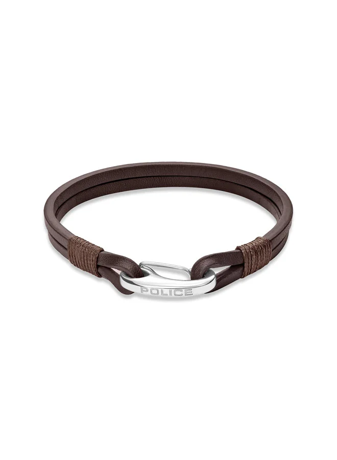 POLICE Wishbone Silver Stainless Steel and Brown Leather double layered Bracelet for Men 185mm