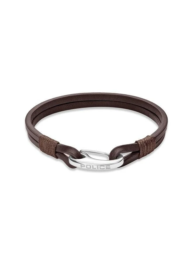 Police Wishbone Silver Stainless Steel and Brown Leather double layered Bracelet for Men 185mm