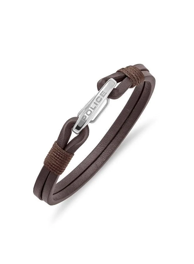 Police Wishbone Silver Stainless Steel and Brown Leather double layered Bracelet for Men 185mm