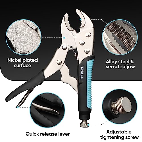 SHALL 6-Piece Locking Pliers, Vice Grips Pliers Set, 5",7" & 10" Curved Jaw Locking Pliers, 6-1/2" & 9-1/2 Long Nose Locking Pliers, 6" Locking C-Clamp, Two-Color TPR Handle, Roll Up Pouch Included - Image 2