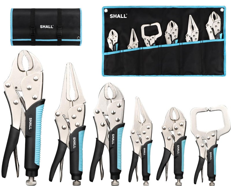 SHALL 6-Piece Locking Pliers, Vice Grips Pliers Set, 5",7" & 10" Curved Jaw Locking Pliers, 6-1/2" & 9-1/2 Long Nose Locking Pliers, 6" Locking C-Clamp, Two-Color TPR Handle, Roll Up Pouch Included - Image 1