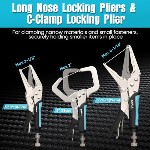 SHALL 6-Piece Locking Pliers, Vice Grips Pliers Set, 5",7" & 10" Curved Jaw Locking Pliers, 6-1/2" & 9-1/2 Long Nose Locking Pliers, 6" Locking C-Clamp, Two-Color TPR Handle, Roll Up Pouch Included - Image 4