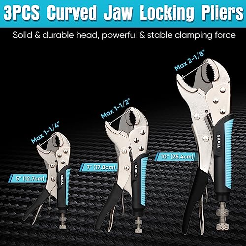 SHALL 6-Piece Locking Pliers, Vice Grips Pliers Set, 5",7" & 10" Curved Jaw Locking Pliers, 6-1/2" & 9-1/2 Long Nose Locking Pliers, 6" Locking C-Clamp, Two-Color TPR Handle, Roll Up Pouch Included - Image 3