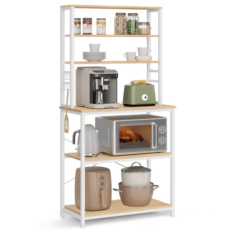 VASAGLE VASAGLE Coffee Bar 315 Inches Bakers Rack for Kitchen with Storage 6Tier Kitchen Shelves with 6 Hooks Microwave Stand Industrial Oak Colour and White UKKS019W09