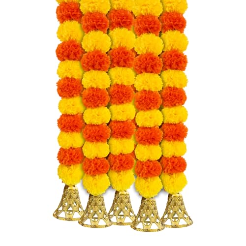 DRYPHON Marigold Garlands Decoration with Bell, Artificial Flowers for Decorations Hanging Garlands for Home Decorations, Ganpati Decoration/Diwali Decoration for Home Decor- (Multicolor, Pack of 5) - Image 1