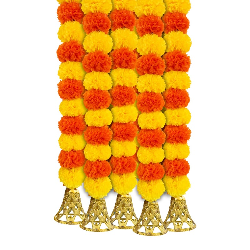 DRYPHON Marigold Garlands Decoration with Bell, Artificial Flowers for Decorations Hanging Garlands for Home Decorations, Ganpati Decoration/Diwali Decoration for Home Decor- (Multicolor, Pack of 5) - Image 5
