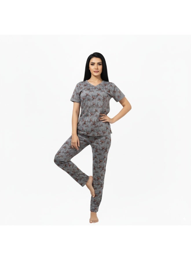 جوانا طقم بيجاما نسائي بتصميم زهور، قميص برقبة على شكل V وبنطال، أزرق سماوي/عنابي - Image 4