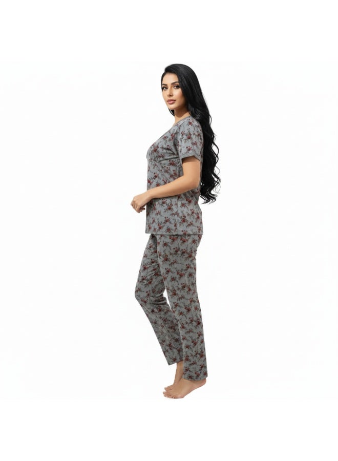 جوانا طقم بيجاما نسائي بتصميم زهور، قميص برقبة على شكل V وبنطال، أزرق سماوي/عنابي - Image 5