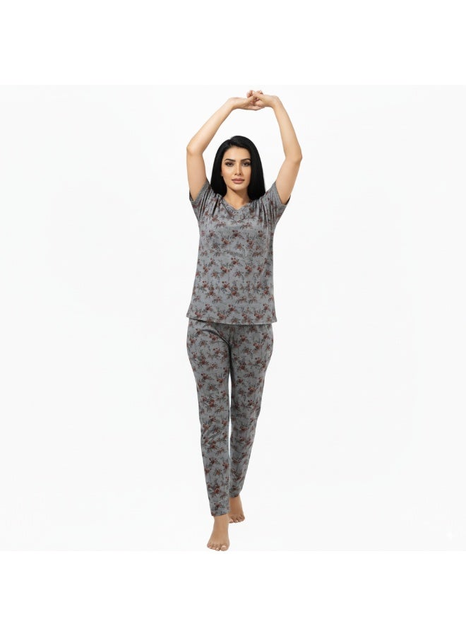 جوانا طقم بيجاما نسائي بتصميم زهور، قميص برقبة على شكل V وبنطال، أزرق سماوي/عنابي - Image 3