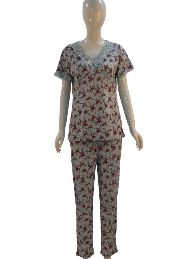 JOANNA JOANNA Women's Floral Design V-Neck Shirt & Trouser Pajama Set, Baby Blue/Maroon  - Image 1