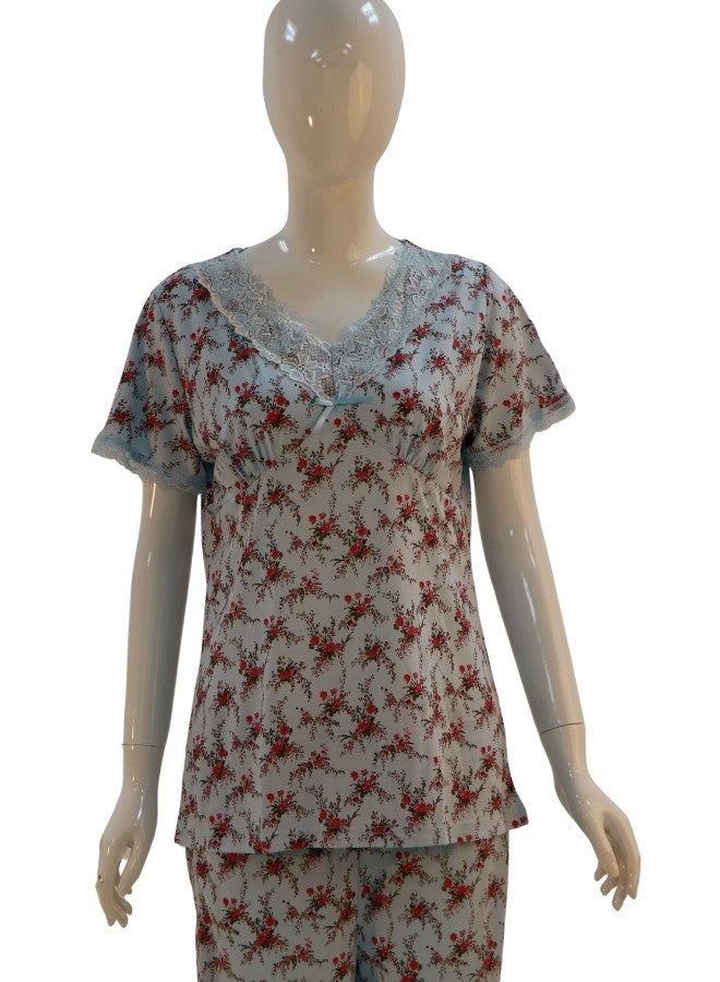 JOANNA JOANNA Women's Floral Design V-Neck Shirt & Trouser Pajama Set, Baby Blue/Maroon  - Image 2