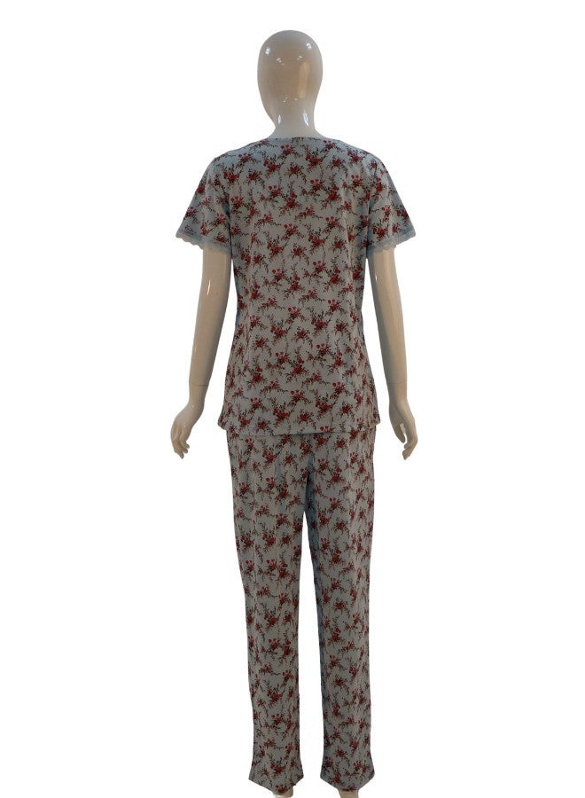 JOANNA JOANNA Women's Floral Design V-Neck Shirt & Trouser Pajama Set, Baby Blue/Maroon  - Image 5