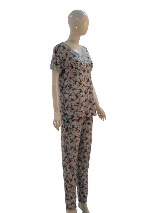 JOANNA JOANNA Women's Floral Design V-Neck Shirt & Trouser Pajama Set, Baby Blue/Maroon  - Image 4