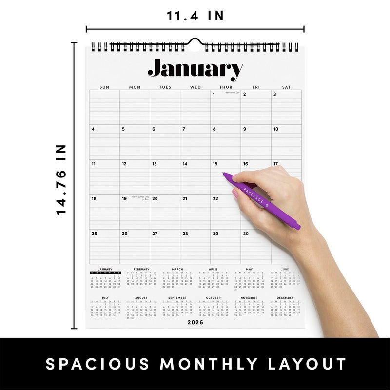 PAPERAGE 2026 Calendar, 12 Months (January 2026 - December 2026), Large (11.4 in x 14.76 in), Spiral Bound, 2026 Vertical Wall Calendar with Monthly & Yearly Views, Premium Paper - Black - Image 2