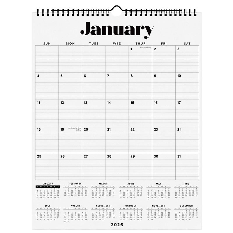 PAPERAGE 2026 Calendar, 12 Months (January 2026 - December 2026), Large (11.4 in x 14.76 in), Spiral Bound, 2026 Vertical Wall Calendar with Monthly & Yearly Views, Premium Paper - Black - Image 1