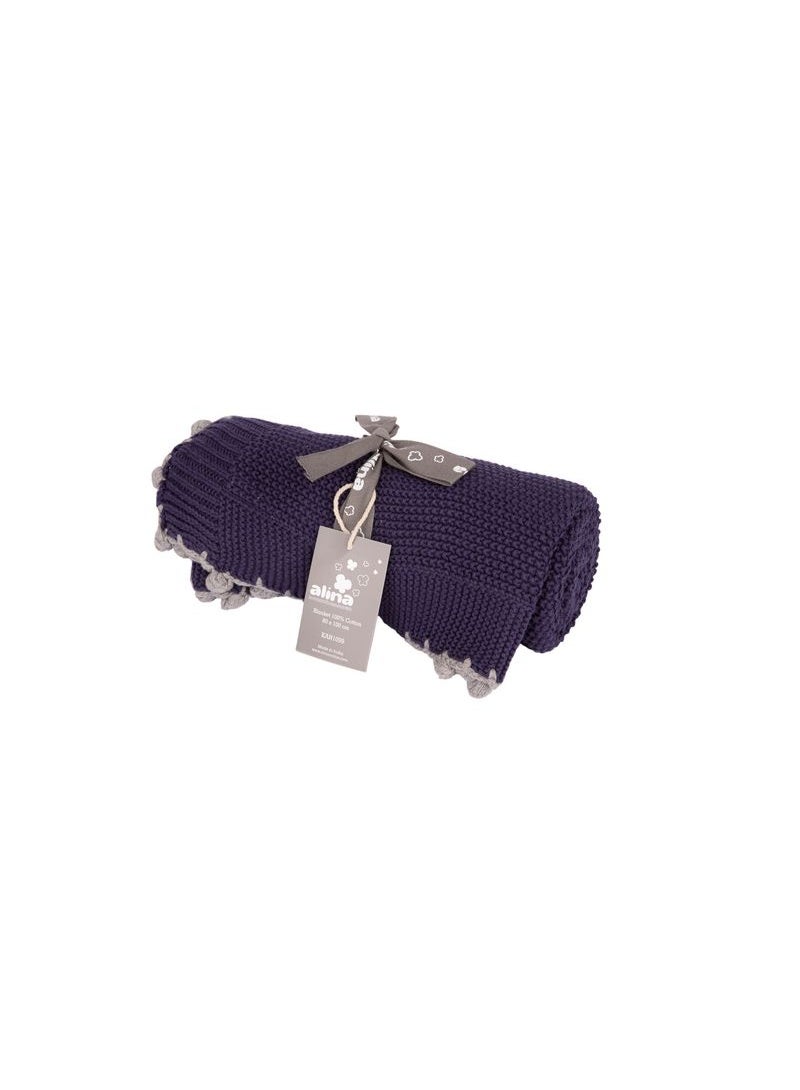 Alina Blanket 100% Cotton Knitted (Mini Moss Stitch With Border Indigo ) - Image 3