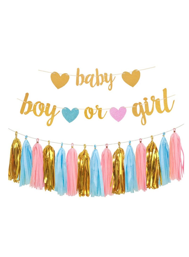 Excefore Gender Reveal Party Decorations - Gender Reveal Decorations Blue Pink, Glitter Letters Baby and Boy or Girl with Hearts Banner, Tissue Paper Tassels Garland Set for Baby Shower Party Decorations - Image 1