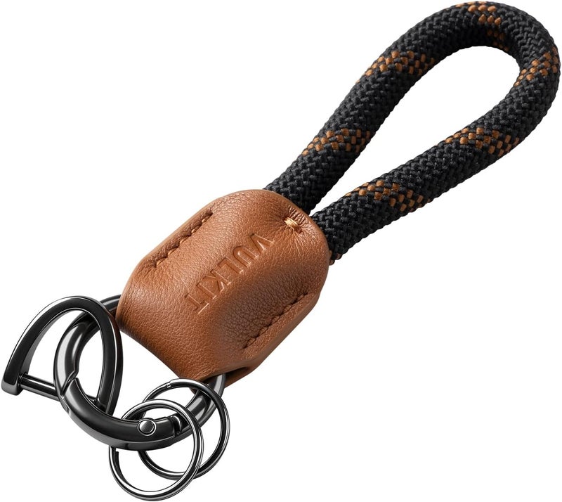 VULKIT Genuine Leather Braided Keychain with Car Key Ring for Men & Women - Brown - Image 1