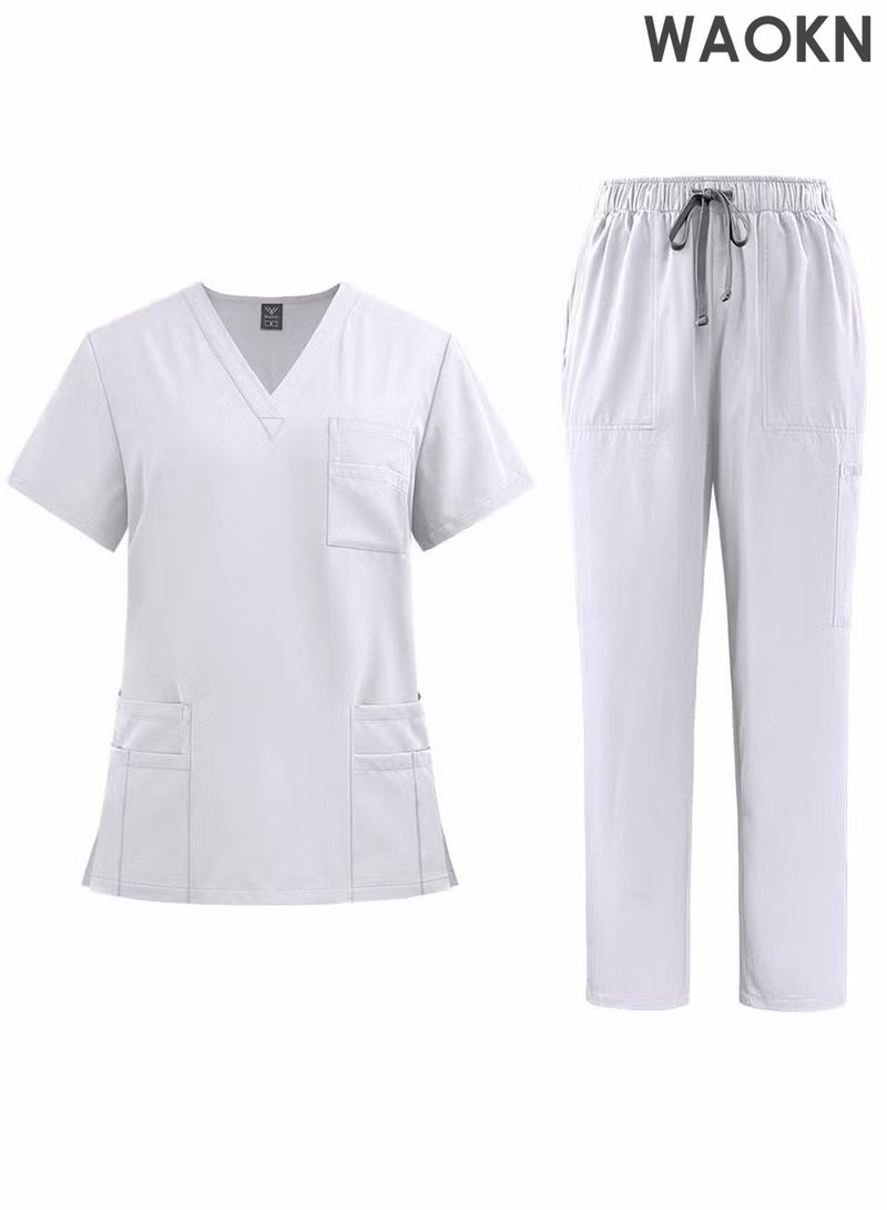 WAOKN Womens Men Medical Scrubs Set Unisex Scrub Top and Scrub Pant Set Medical Uniform Scrubs Medical Uniform Set meticulously crafted to retain its color without fading with repeated washing (White) - Image 1