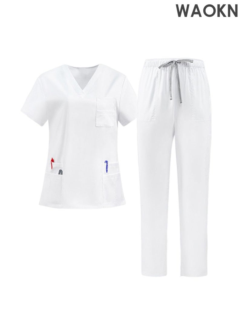 WAOKN Womens Men Medical Scrubs Set Unisex Scrub Top and Scrub Pant Set Medical Uniform Scrubs Medical Uniform Set meticulously crafted to retain its color without fading with repeated washing (White) - Image 3