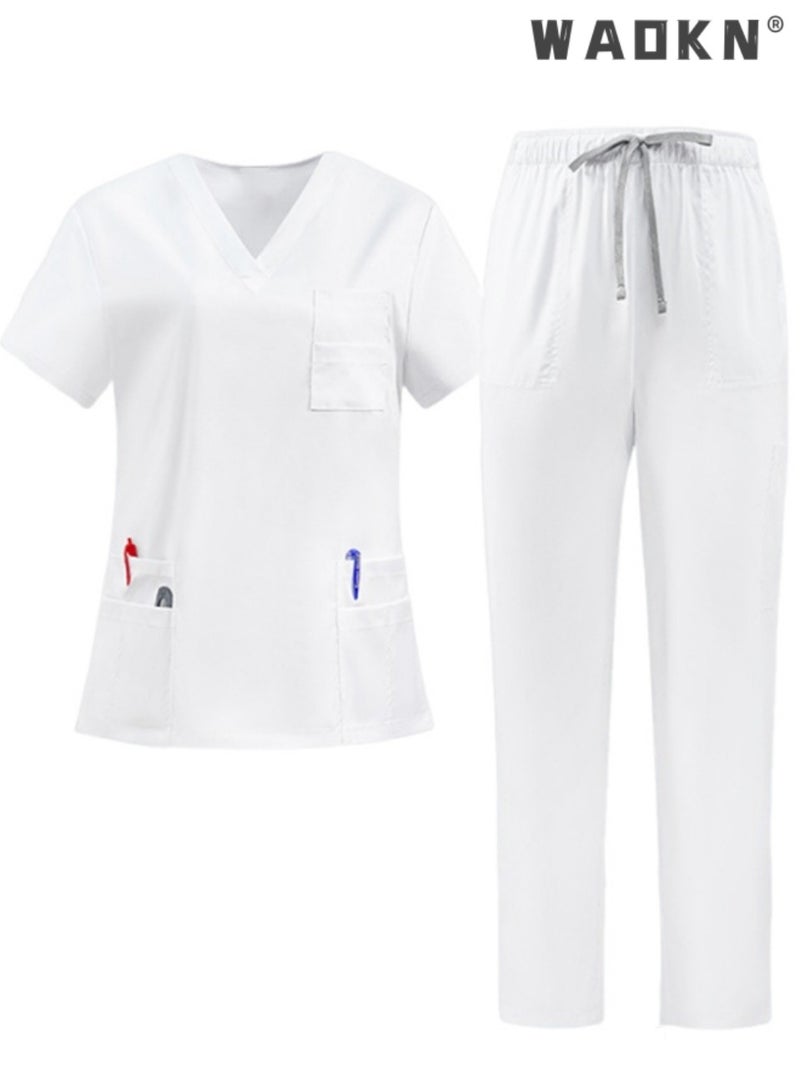 WAOKN Womens Men Medical Scrubs Set Unisex Scrub Top and Scrub Pant Set Medical Uniform Scrubs Medical Uniform Set meticulously crafted to retain its color without fading with repeated washing (White) - Image 1