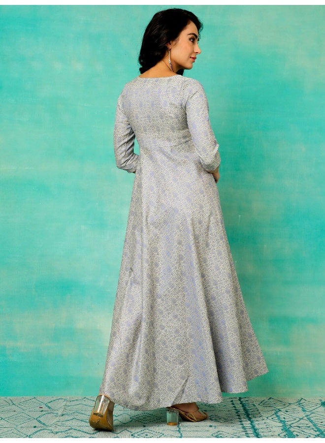 AKS Grey & Blue Brocade Woven Design Flared Maxi  - Image 4