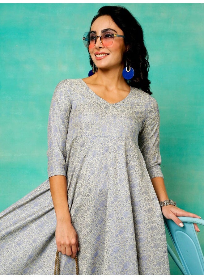 AKS Grey & Blue Brocade Woven Design Flared Maxi  - Image 1