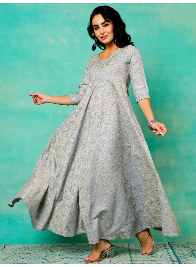 AKS Grey & Blue Brocade Woven Design Flared Maxi  - Image 3
