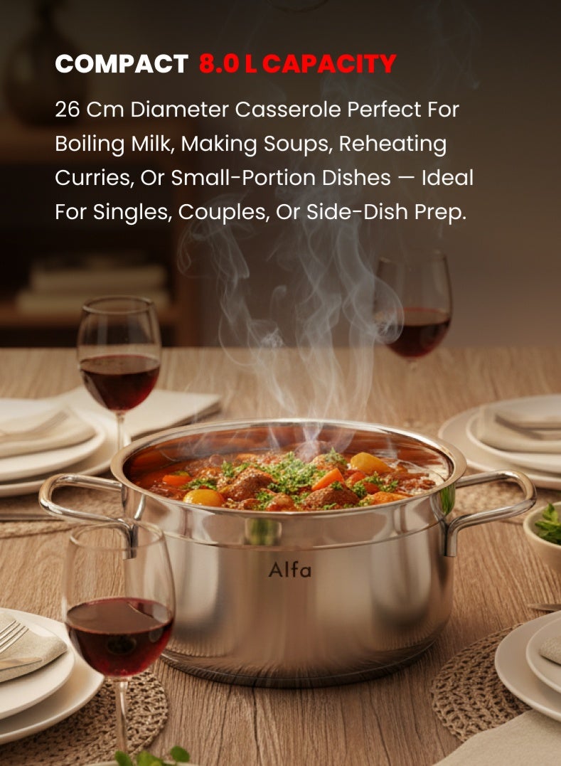 ALFA 26×15cm Stainless Steel Casserole – 8.0 L Capacity | 18/10 Cr-Ni Food-Grade Steel with Triplex Capsule Bottom | Mirror Finish with Lid & Sturdy Handles | Compatible with Gas, Induction & All Cooktops - Image 3
