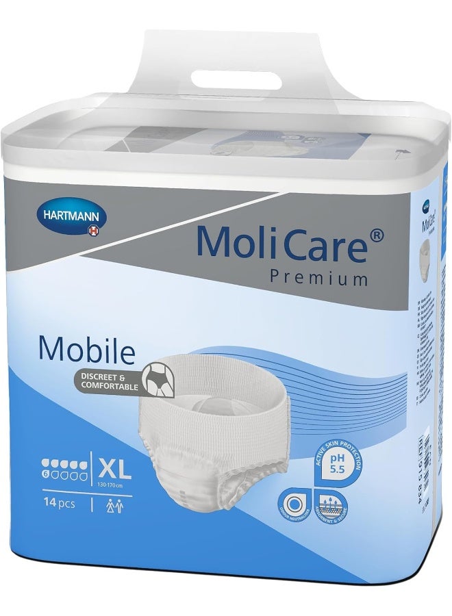 Molicare سراويل حفاضات للبالغين، مولي كير بريميوم موبايل، حفاضات للبالغين في حالات السلس، للجنسين، كبير جداً، 6 قطرات، 14 قطعة/عبوة - Image 1