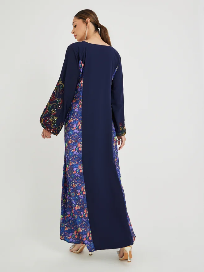 Maxim Creation Maxim Creation Floral Print Panelled Jalabiya with Embroidery