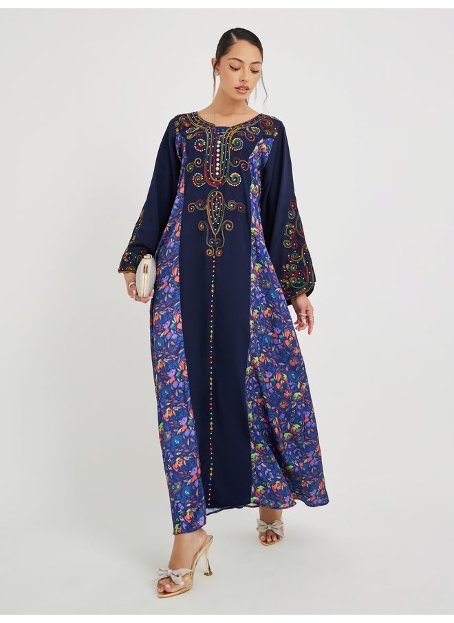 Maxim Creation Maxim Creation Floral Print Panelled Jalabiya with Embroidery  - Image 1