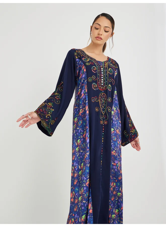 Maxim Creation Maxim Creation Floral Print Panelled Jalabiya with Embroidery