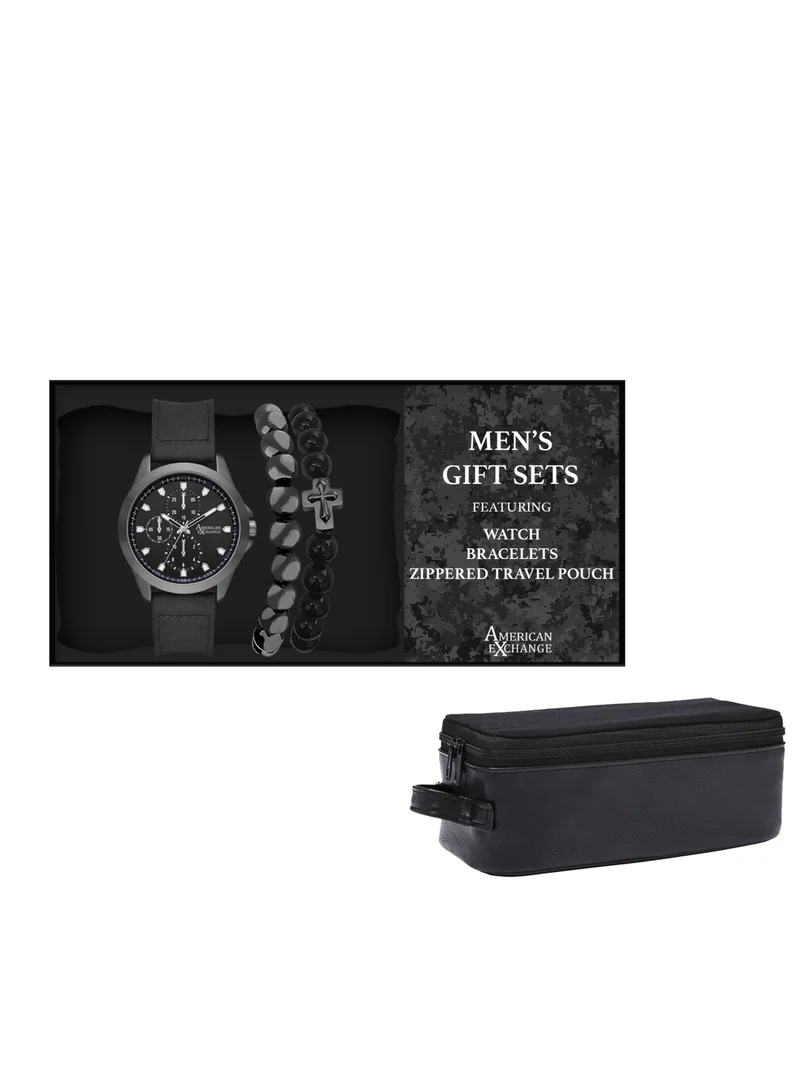 American Exchange American Exchange Men's Black Analog and Bracelet Set in Zippered Travel Pouch, 9711U-42-G02