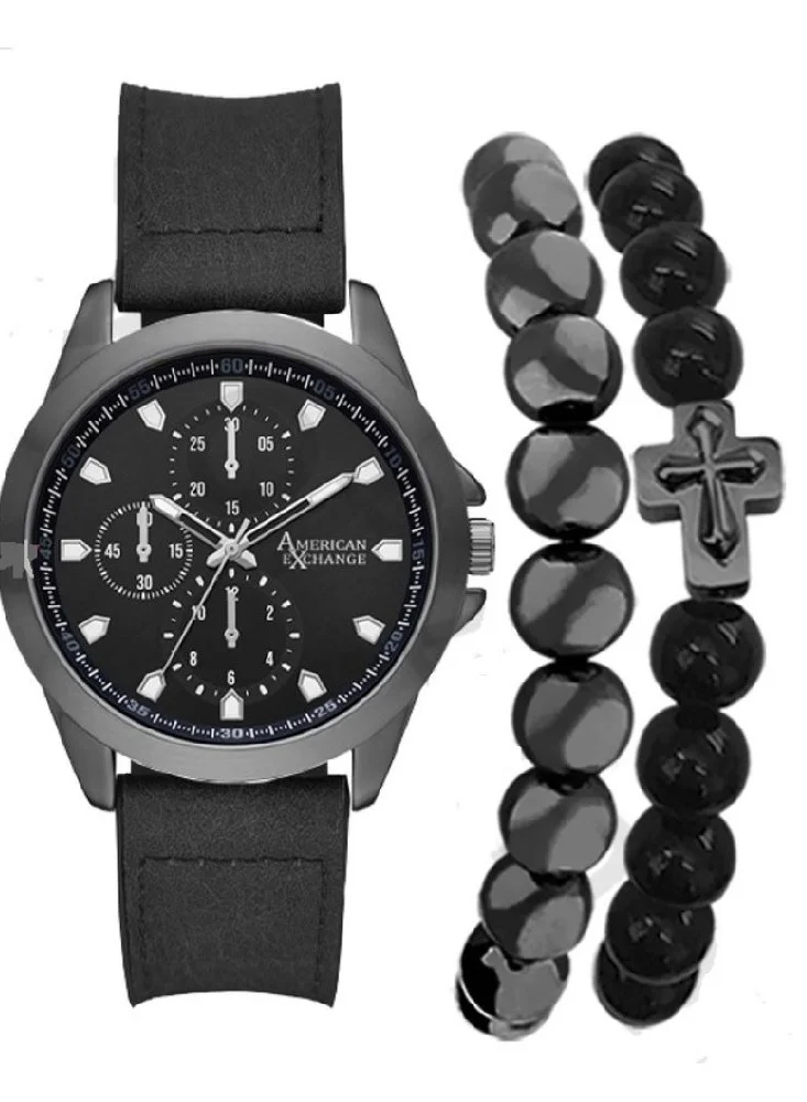 American Exchange American Exchange Men's Black Analog and Bracelet Set in Zippered Travel Pouch, 9711U-42-G02