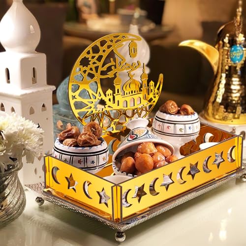 Sophena Acrylic Ramadan Decorations for Home Islamic Eid Mubarak Kareem Ramadan Serving Trays Table Sign Moon Hollow Star Sign for Muslim Party Tabletop Decor Art Craft Decoration Centerpiece Tray - Image 4