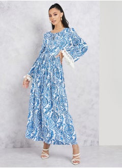 Paisley Print Tassel Detail Sleeves A-Line Maxi Dress