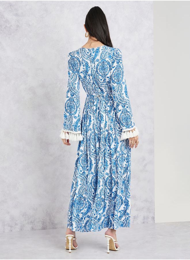 Styli - Paisley Print Tassel Detail Sleeves A-Line Maxi Dress - Image 1