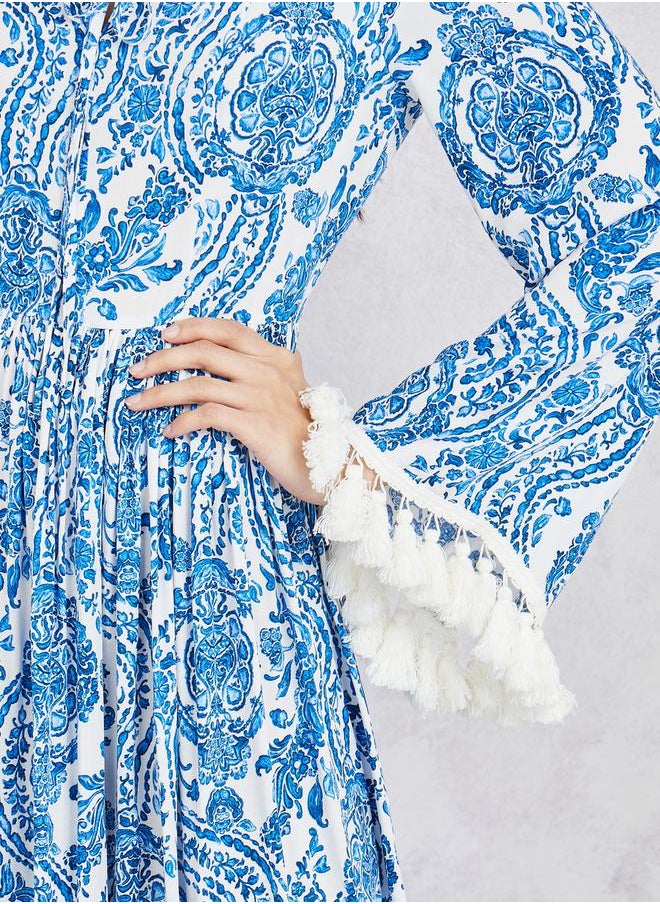 Styli - Paisley Print Tassel Detail Sleeves A-Line Maxi Dress - Image 1