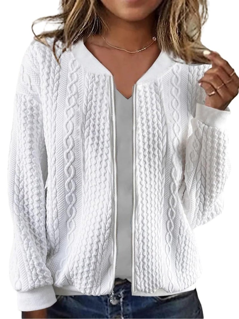 WROLEM Women's Zip Up Cardigan Sweater Cable Hoodies Long Sleeve Jacket Outfits Crewneck Casual Coat White - Image 1