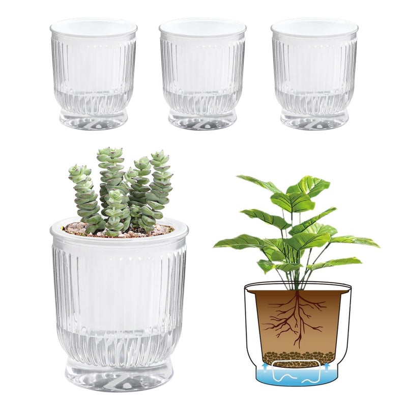 T4U 4 Inch Self Watering Plant Pot, 4 Pack Self Watering Pots, Self Watering Planter with Reservoir, Clear Self Watering Pots for Indoor Plants, African Violets, Flowers (4 Pack, 4", Clear) - Image 1
