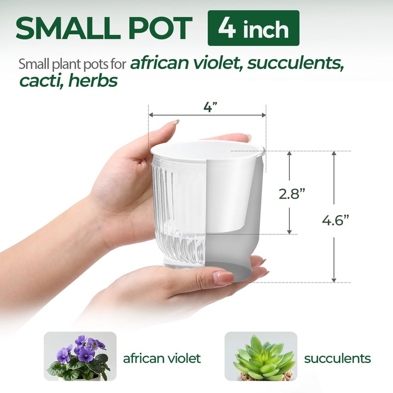 T4U 4 Inch Self Watering Plant Pot, 4 Pack Self Watering Pots, Self Watering Planter with Reservoir, Clear Self Watering Pots for Indoor Plants, African Violets, Flowers (4 Pack, 4", Clear) - Image 2