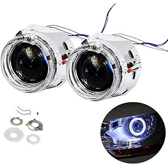 ريحني مصباح أمامي H1 مقاس 25 بوصة، عدسة عرض ثنائية زينون، شعاع HiLo، عيون ملائكية LED بيضاء، حلقات هالة، مصابيح تشغيل نهارية، أغطية كروم، قناع، مناسب لـ H1 H4 H7، سيارة، دراجة نارية - Image 2